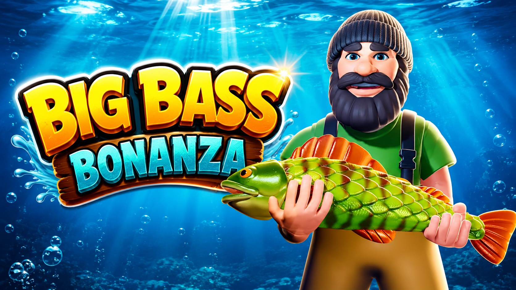 Big Bass Bonanza fisherman holding a large fish underwater